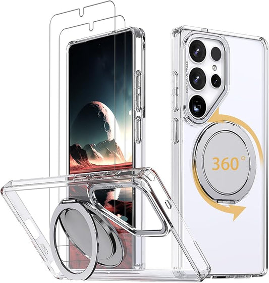 Magnetic Stand Case for Samsung Galaxy S25 Ultra [with 2 Tempered Glass Film] [360° Rotation Magnetic Stand] [Compatible with Magsafe] Military-Grade Drop Protection Case, Clear