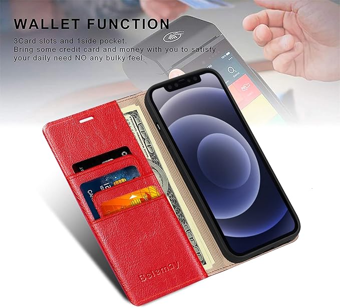 Belemay Compatible with iPhone 14 Plus Wallet Case-Genuine Leather Flip Phone Case-RFID Blocking Card Holders-Shockproof TPU Shell Folio Cover Women Men Compatible with iPhone 14 Plus (6.7-inch) Red