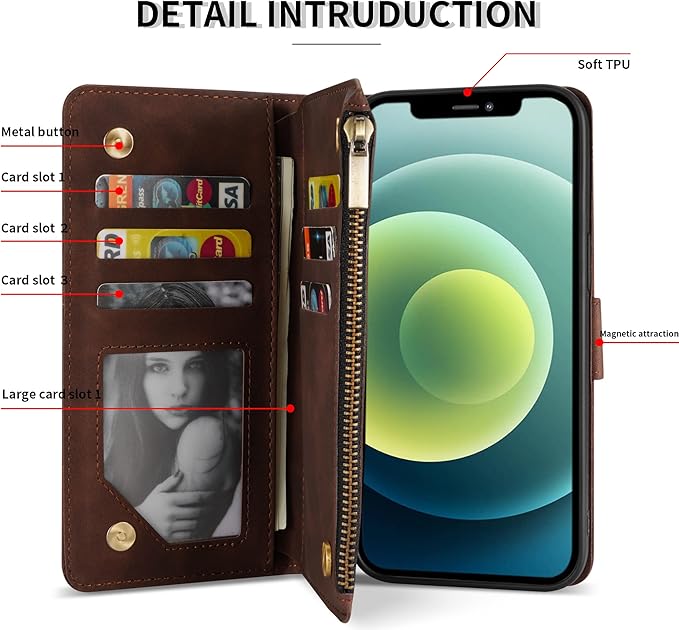 ZZXX for iPhone 12 Mini Wallet Case with Card Slot Premium Soft PU Leather Zipper Flip Folio Wallet with Wrist Strap Kickstand Protective for iPhone 12 Mini Case Wallet(Coffee 5.4 inch)