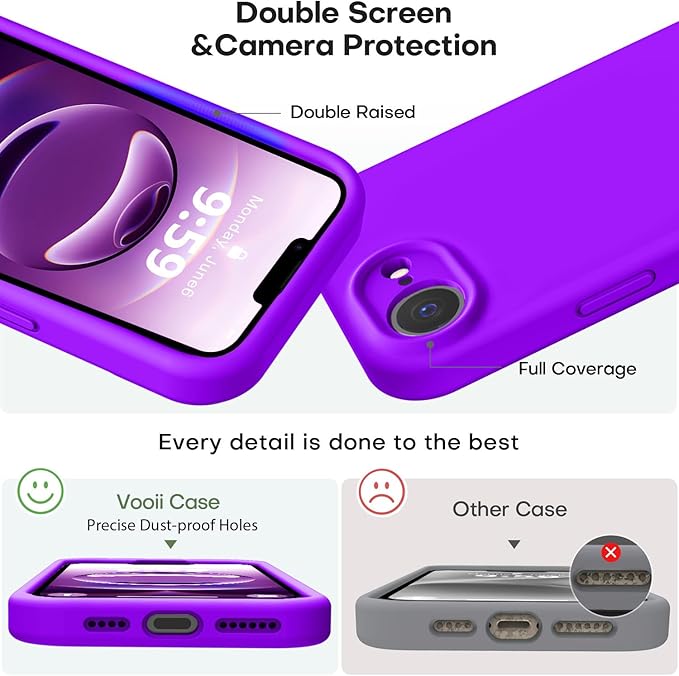 Vooii Compatible with iPhone 16e Case, Liquid Silicone Upgrade [Camera Protection] [Soft Anti-Scratch Microfiber Lining] Shockproof Phone Case for iPhone 16e 6.1 inch - Neon Purple