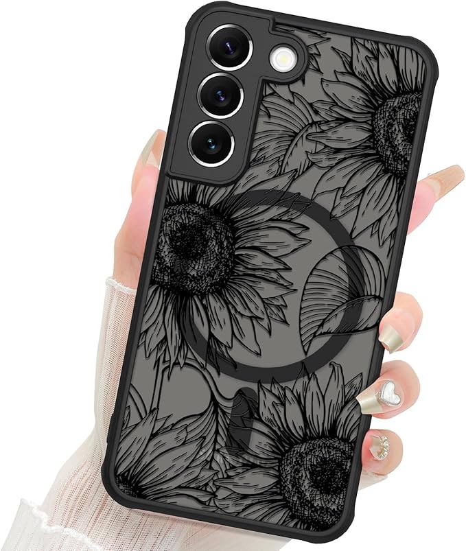 Fiyart Designed for Samsung Galaxy S21 Case Matte Flowers Design Compatible with MagSafe,Cute Sunflowers Anti-Scratch Translucent Phone Cover for Women Girls 6.1"-Black