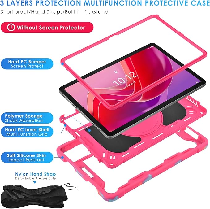 DETUOSI Case Compatible with Lenovo Tab M11/ K11 LTE 11 inch (TB-330FU/330XU), Full-Body Shockproof Protective Case with Shoulder Strap, 360 Rotating Stand Case for Lenovo Tab M11, Camouflage Rose Red