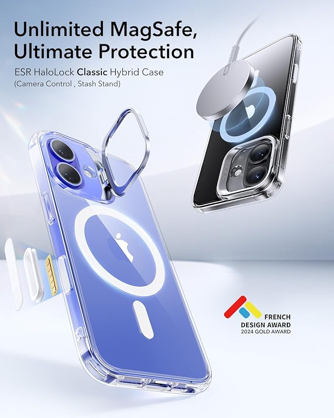 ESR for iPhone 16 Case, Camera Control Button Compatible with MagSafe, Military-Grade Protective Case for iPhone 16,Built-in Stash Stand Phone Case, Scratch-Resistant Back Cover, Clear