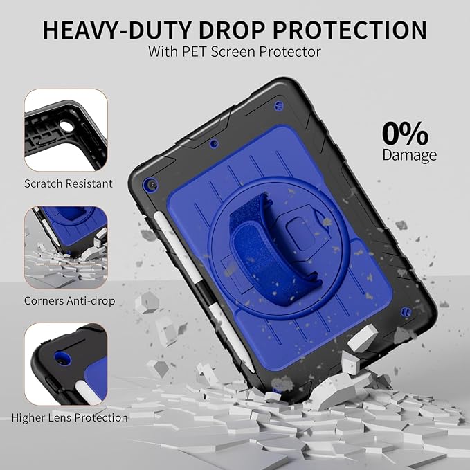 Case for iPad 9th/8th/7th Generation-Built-in Screen Protector,with Pencil Holder&360°Rotating Hand Strap,Shoulder Strap,Case for iPad 10.2 inch 2021-2019(Black/Blue)