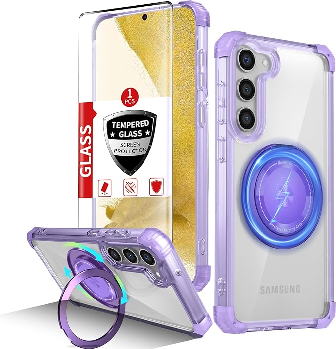 for Samsung Galaxy S22 Case Magnetic Compatible with MagSafe Wireless charging,with 360°Kickstand Ring,for S22 Phone Case with Screen Protector,Military Grade Drop Protection Shockproof Purple