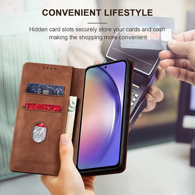 Jasonyu Flip Wallet Case for Samsung Galaxy A54 5G,Leather Magnetic Folio Cover with Card Holder,Kickstand - TPU Shockproof Durable Protective Phone Case,Brown