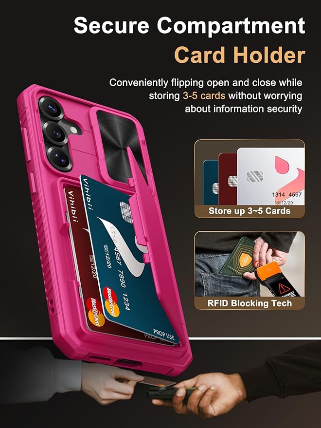 Vihibii for Samsung Galaxy S25+ Plus Wallet Case with Card Holder (4 Cards), [RFID Blocking] & Slide Camera Cover & Raised Edges Protect Screen, Heavy Duty Phone Case for Galaxy S25+ Plus, Hot Pink