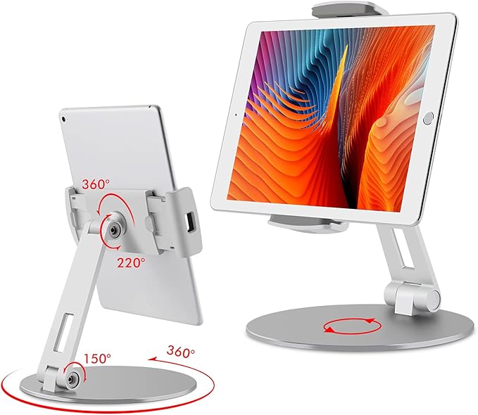 Viozon Tablet Stand and Holders with Adjustable Range and Height Aluminum Stand Compatible with iPad/iPad pro/ipad Mini/Cellphone/Kindle Desk Holder fits 3.5-13inches, 360° Swivel Adjustable Base
