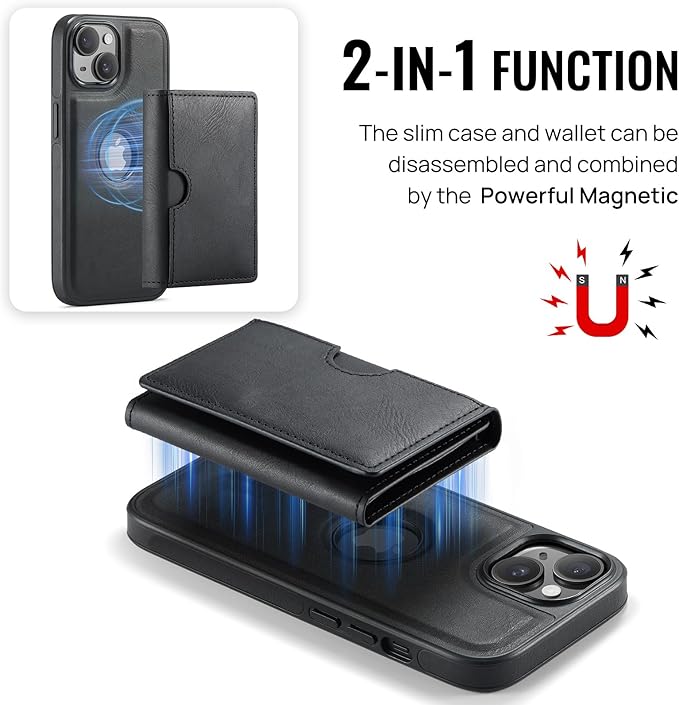 Asuwish Phone Case for iPhone 14 6.1 inch Wallet Magnetic Detachable Cell Cover with Wireless Charging and RFID Blocking Credit Card Holder Flip Stand iPhone14 5G i i-Phone i14 14Case Women Men Black