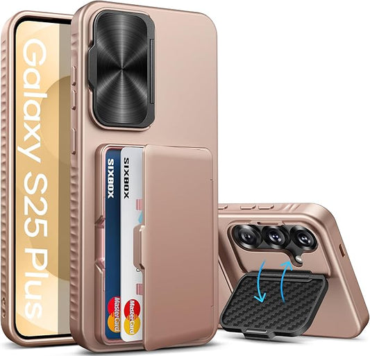 for Samsung Galaxy S25+ Plus Case with Card Holder & Camera Lens Cover Stand, Military Grade Drop Protection Shockproof Rugged Stand Wallet Protective Phone Case for S25+ Plus 2025, Rose Gold