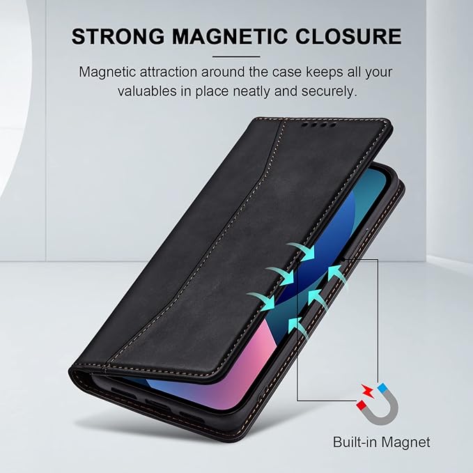 Jasonyu Flip Wallet Case for iPhone 13,Leather Magnetic Folio Cover with Card Holder,Kickstand - TPU Shockproof Durable Protective Phone Case,Black