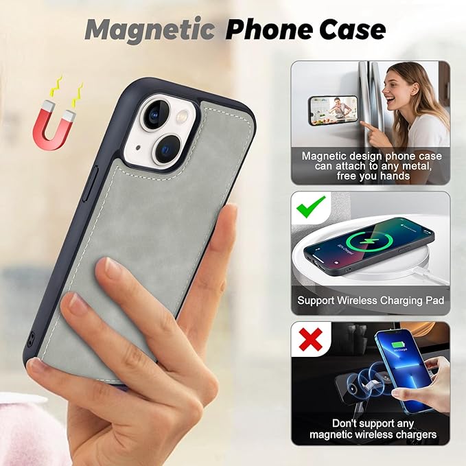 TwoHead Wallet Case Compatible with iPhone 15,Detachable Magnetic Phone Case,All-Round Protective Leather Phone Case with Card Holder,6.1 in,Gray