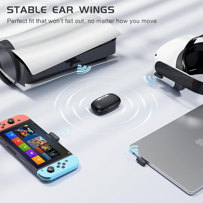 IAMJOY Gaming Earbuds, 20ms Low Latency, Wireless Game Earbuds with LED Display, 90H Play Time, 2.4GHz & Bluetooth, Noise-Canceling Mic Compatible with Meta Quest, PS5/4, VR, Switch, PC