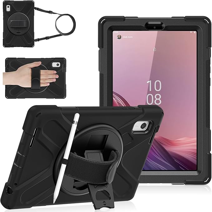 DreamerX for Lenovo Tab M9 Case 9.0 inch TB-310FU/TB-310FX, Heavy Duty Rugged Silicone Drop Protective Kids Cover with 360 Rotating Stand Handle Hand Strap Carrying Shoulder Strap Pencil Holder, Black