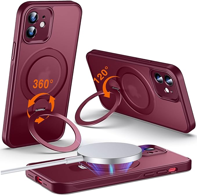 360° O-Ring MagStander for iPhone 12 Case, iPhone 12 Pro Case with Magnetic Stand Ring Holder [Compatible with MagSafe] [Military Shockproof] Kickstand iPhone 12/12 Pro Phone Cover Burgundy