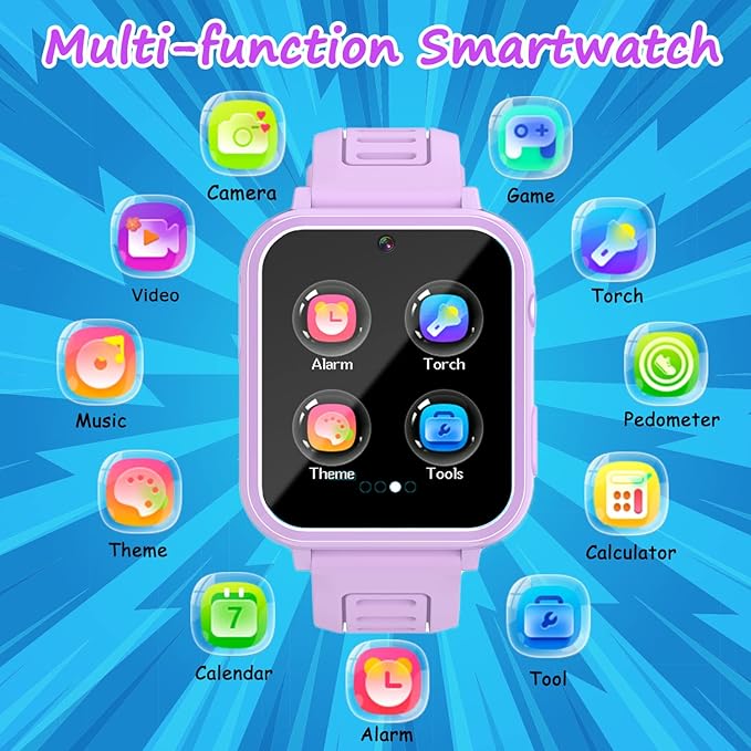 Kids Smart Watch Girls Gifts for Age 5-12, 24 Puzzle Games HD Touch Screen Watches with Video Camera Music Player Pedometer Flashlight 12/24 hr Birthday Gift 6 7 8 Year Old Girl
