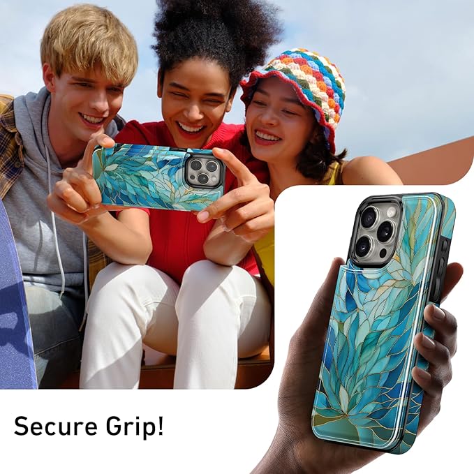 FUNMIKO for iPhone 15 Pro Wallet Case with Card Holder, RFID-Blocking, Military-Grade Protection & UV-Printed Artwork, Magnetic Closure with Leather Kickstand - Sleek Cyan Leaf