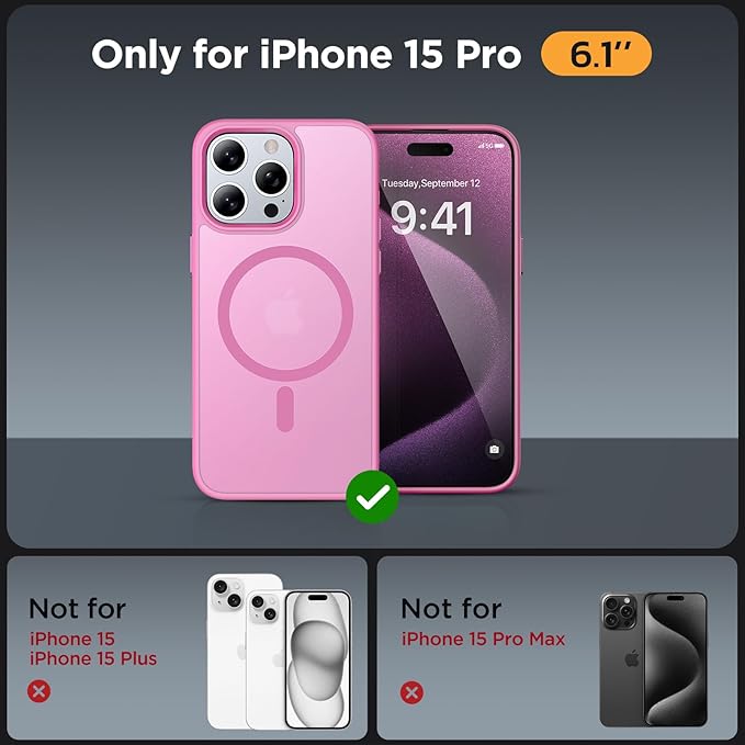 Miracase Magnetic for iPhone 15 Pro Case 6.1 inch (Compatible with MagSafe)（with 2X Screen Protectors）Military-Grade Protection, Anti-Fingerprint Translucent Matte Phone Cover, Mes Pink