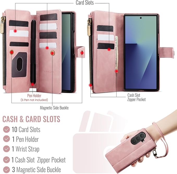 Vinich for Samsung Galaxy Z Fold 7 Wallet Case with Card Holder, Detachable Strap RFID Blocking Credit Slots Kickstand Shockproof Phone Cover for Women Men, Rose Pink