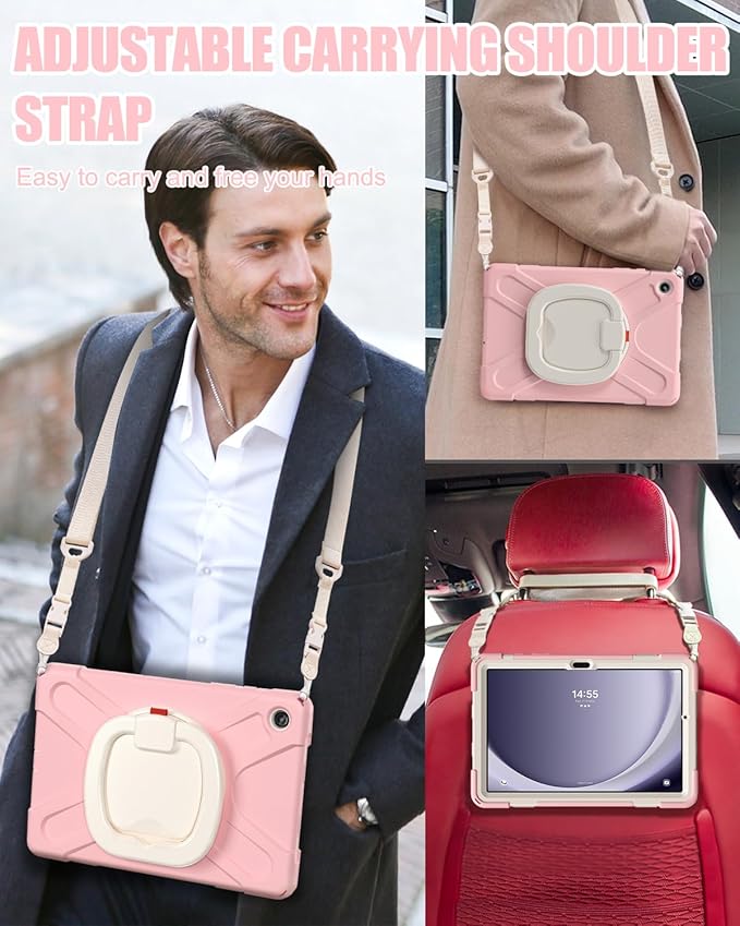 BRAECN Kids Case for Samsung Galaxy Tab A9+/ A9 Plus 11 Inch 2023 SM-X210/X216/X218, Heavy Duty Protective Silicone Cover with Screen Protector, Handle Grip, Swivel Stand, Shoulder Strap, Sakura Pink