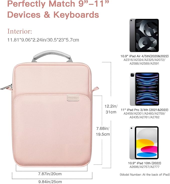 MoKo 9-11 Inch Tablet Sleeve Bag Handle Carrying Case with Shoulder Strap Fits New 11-inch iPad Pro M4/iPad Air M2, iPad 10th 10.9, iPad 9/8/7th 10.2, iPad Air 5/4th 10.9, Tab S8/S9 11, Pink