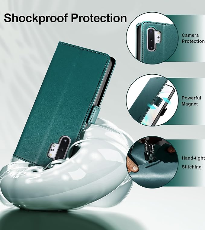 Wallet Flip Case for Samsung Galaxy Note 10 Plus/Note10+ - [RFID Blocking] Luxury PU Leather Card Holder Magnetic Phone Cover with Kickstand,Shockproof Protective Case,Green