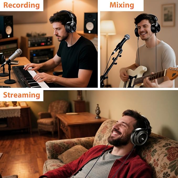 JOYO Studio Monitor Headphones Wired Professional Semi-Open Headphone for Guitar Piano Podcast Recording,Mixing,Live Streaming 3 Meter Cable (JMH-03)