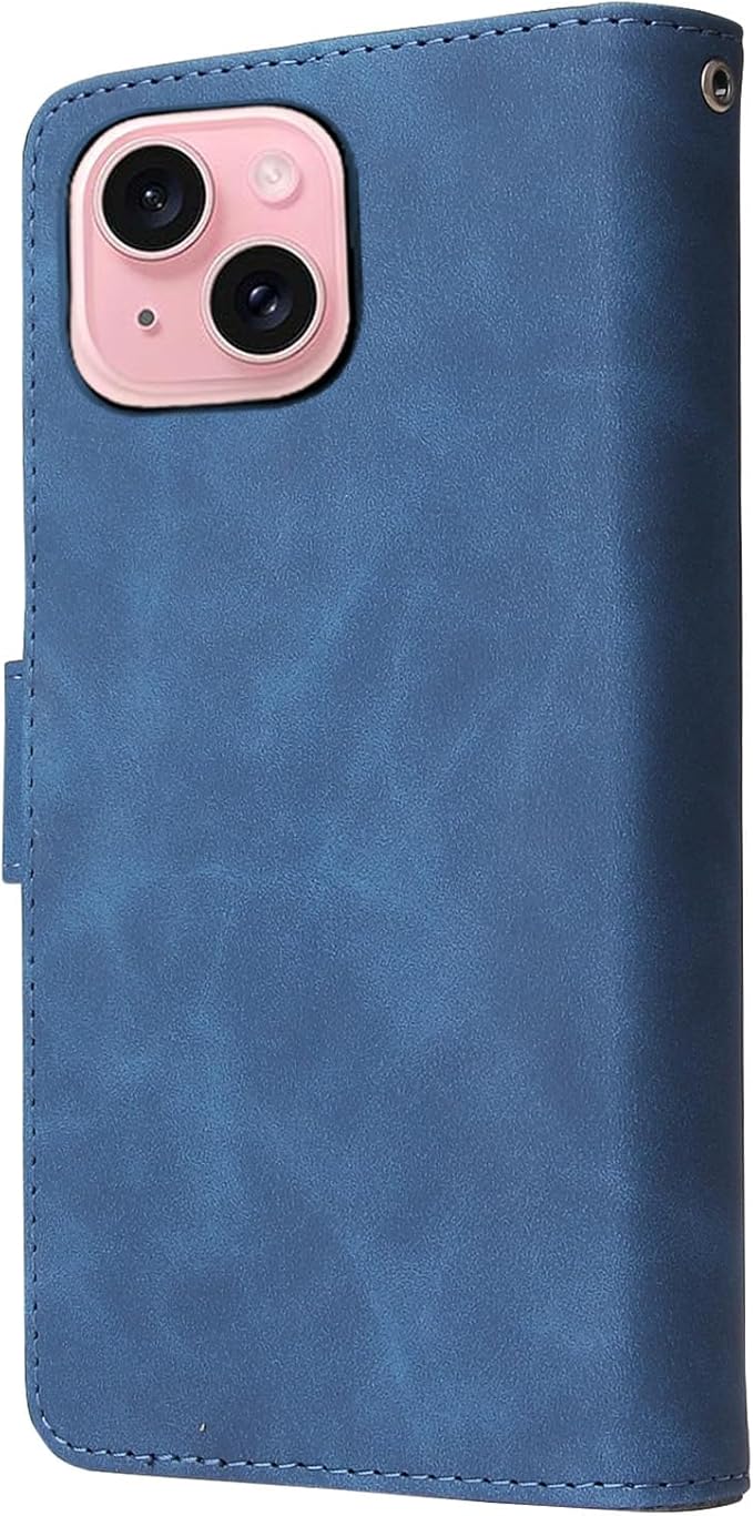Asuwish Compatible with iPhone 15 6.1 inch Wallet Case Tempered Glass Screen Protector and Leather Flip Cover Card Holder Stand Cell Phone Cases for iPhone15 5G i i-Phone i15 15Case Women Men Blue