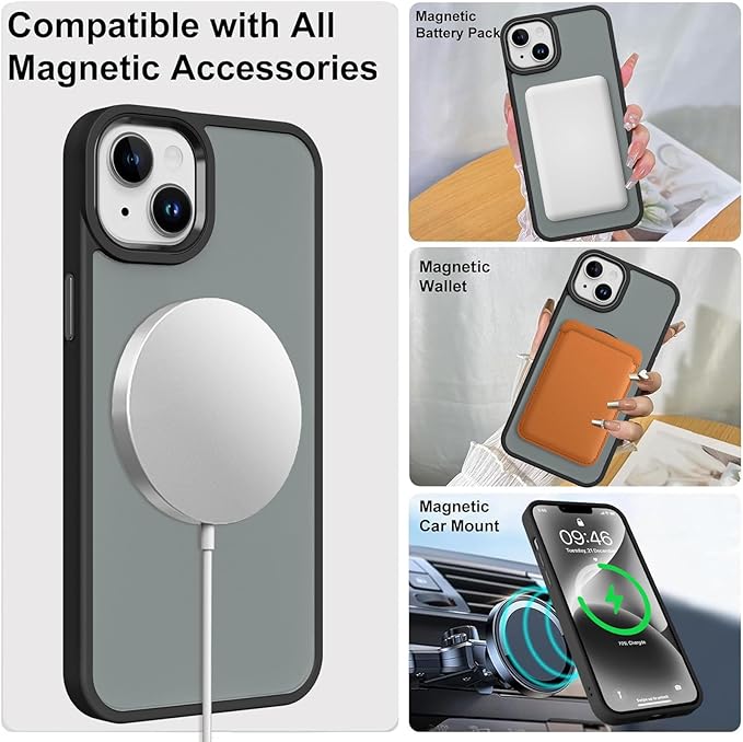 ZIYE Black Case for iPhone 14 Plus Case with Stand [Compatible with MagSafe] Slim Heavy Duty Protection Military Grade Shockproof Magnetic Cover with 360 Rotatable Ring Kickstand for Women Men