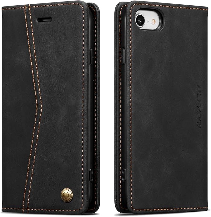 QLTYPRI Case for iPhone 16e, Vintage PU Leather Wallet Case Card Slot Kickstand Magnetic Closure Shockproof Flip Folio Cover for iPhone 16e - Retro Black