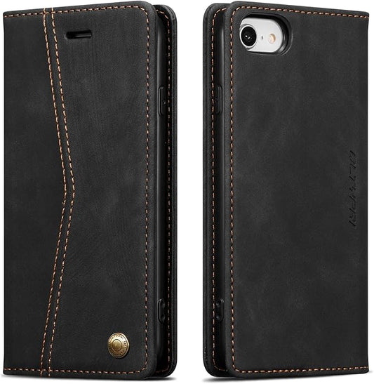 QLTYPRI Case for iPhone 16e, Vintage PU Leather Wallet Case Card Slot Kickstand Magnetic Closure Shockproof Flip Folio Cover for iPhone 16e - Retro Black