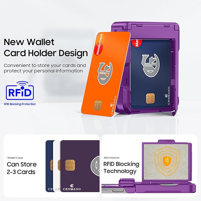 CENMASO for Samsung Galaxy Z Flip 6 Case/Z Flip 7 FE Case with Card Holder [RFID Blocking] & Hinge Protection & Screen Protector, Full-Body Shockproof Phone Case for Z Flip 6/Z Flip 7 FE-Purple