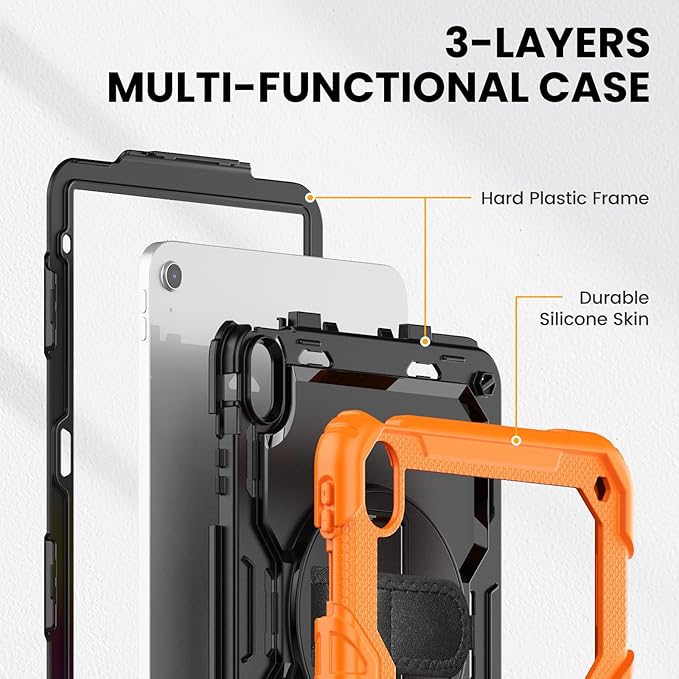 timecity for iPad (A16) 11th/ 10th Generation Case 11''/ 10.9 Inch (2025/2022) - Heavy Duty Protective Cover with Screen Protector, Stand, Shoulder Strap & Pencil Holder | Kids-Friendly - Orange