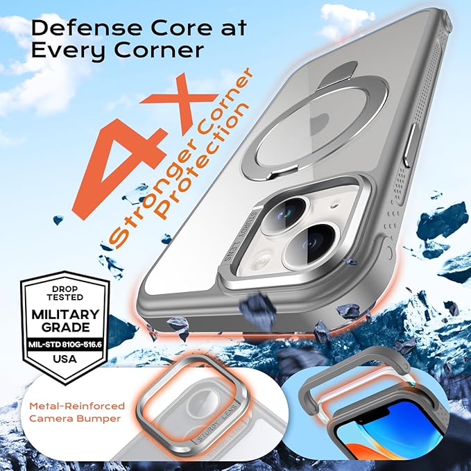 Anqrp O-Ring Magnetic Kickstand Clear Case for iPhone 14/13, Compatible with Mag-Safe, Military-Grade Reinforced 4-Corners Anti-Yellowing Transparent Phone Case Cover for iPhone 13/14, Gray