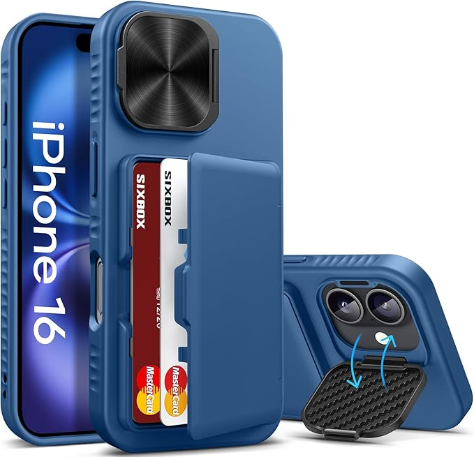for iPhone 16 Case with Card Holder, Built-in Stand & Camera Lens Cover, Shockproof Rugged Silicone Raised Edge Protective Multifunctional Wallet Phone Case Cover for iPhone 16 6.1" 2024, Blue