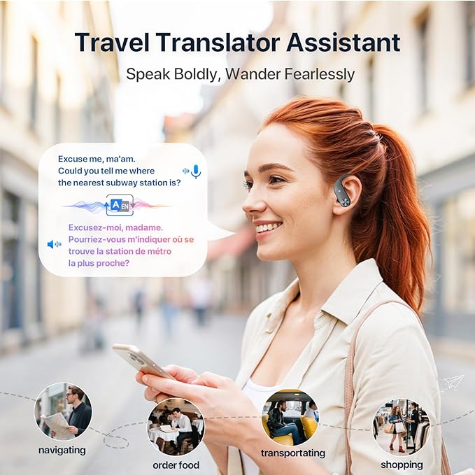 AI Translation Earbuds Real-Time : 144 Languages, Offline Mode, Noise Canceling, 60 Hours Battery - Seamless Translator Headphones for Travel Business Learning, iOS & Android Support
