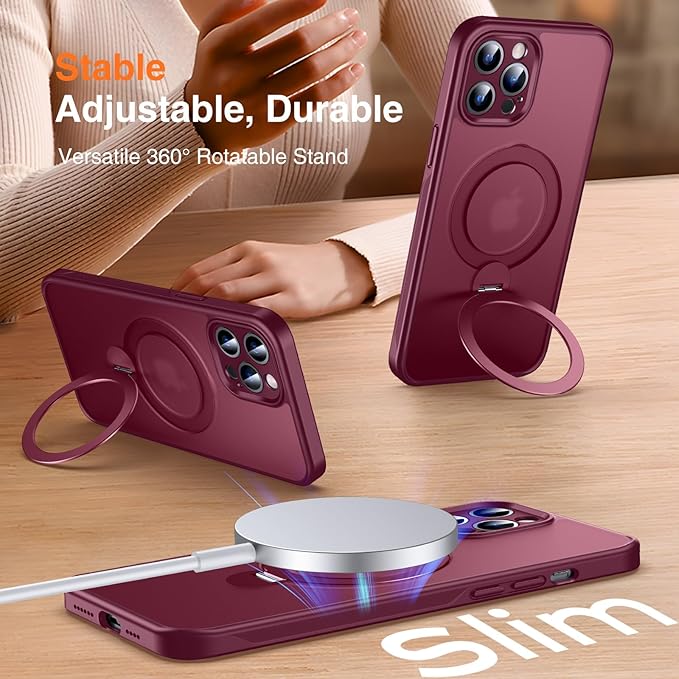 360° O-Ring MagStander for iPhone 12 Pro Max Case with Magnetic Kickstand Ring Holder [Compatible with MagSafe][360°Rotate Stand][Military Shockproof] iPhone 12 Pro Max Phone Cover Burgundy