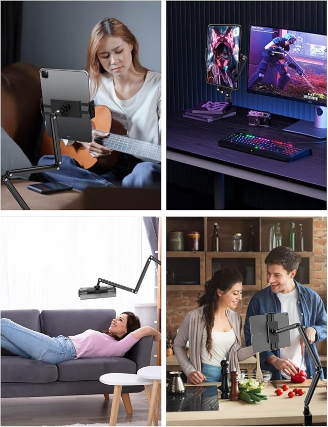 Adjustable Aluminum Tablet Stand, Foldable Arm for Desk/Bed, 360° Rotation, Compatible with iPad Pro 12.9/11, Air, Mini, Samsung Tabs, Nintendo Switch, 5.1''-15.9'' Devices - Sturdy & Portable