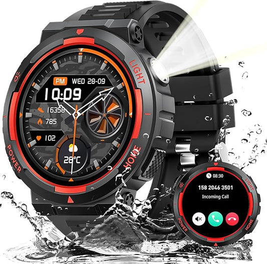 Military Smart Watches for Men (Answer/Make Calls) with LED Flashlight 3ATM Waterproof Smartwatch with 100+ Sports Modes 1.53" Fitness Tracker with Heart Rate Monitor for iPhone Android