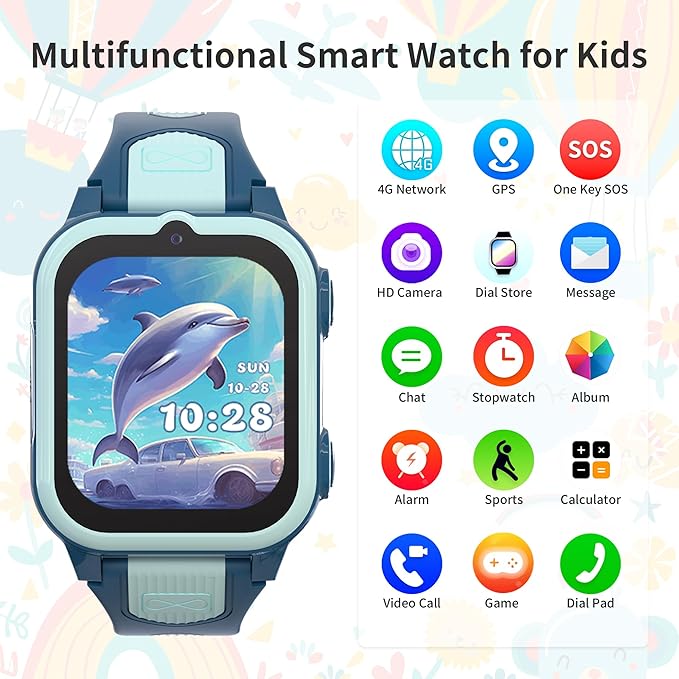 4G Kids Smart Watch Boys with GPS Tracker & Video Calling Texting, Smart Watch for Boys Age 5-12 with SOS Call Chat Camera Pedometer Alarm Calculator Games Phone Book, GPS Watch for Kids Gifts(Blue)