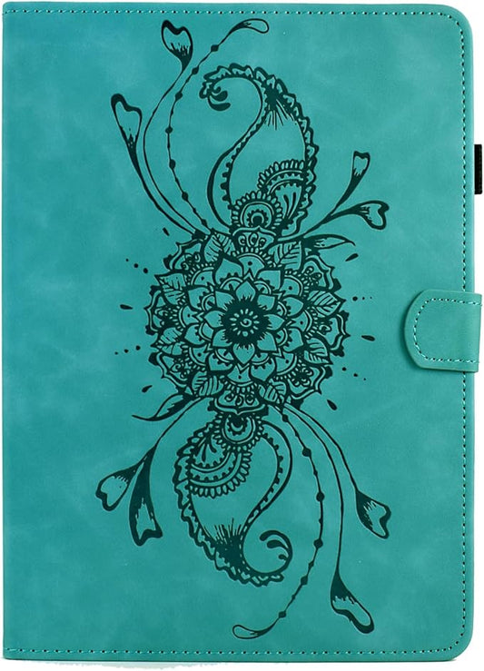 Mandala Flower Case Compatible with Galaxy Tab A9+ Plus 11 Inch 2024 2023 (SM-X210/X216/X218), Cute Elegant Embossed Suede Leather Folio Stand Case Protective Cover with Auto Wake/Sleep, Green