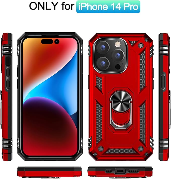 ADDIT Phone Case for iPhone 14 Pro Case,with Kickstand Ring,Adjustable Stand,Military Grade,Heavy Duty Protection,Shockproof,Anti-Fingerprint,Support Magnet Car Mount,Red