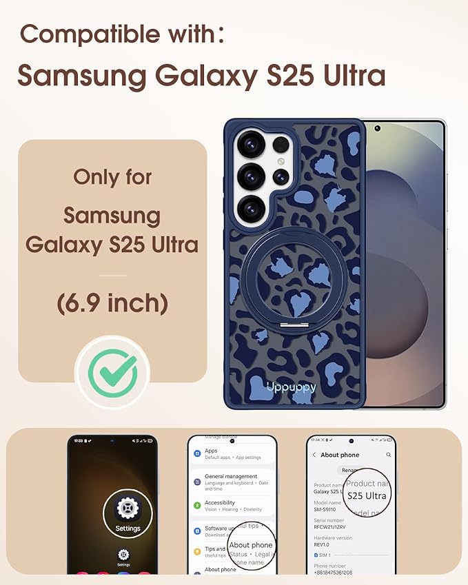 for Samsung Galaxy S25 Ultra Case with 360° Rotatable Magnetic Ring - Compatible with MagSafe, Semi-Transparent Soft-Touch Material Shockproof, Cute Blue Cheetah Print Design for Women Girl