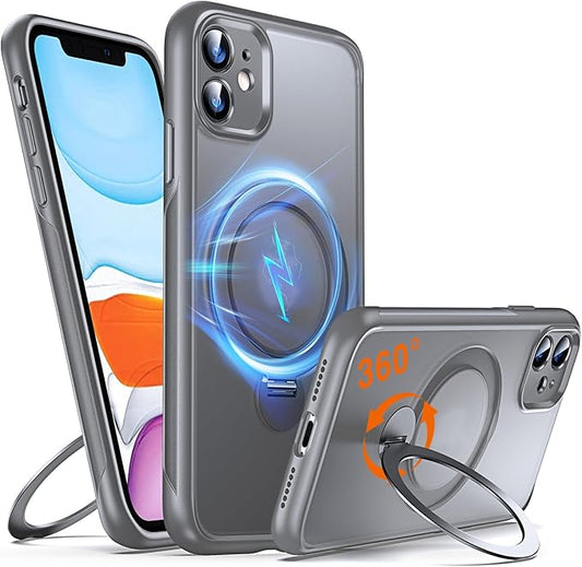 360° O-Ring MagStander for iPhone 11 Case with Magnetic Kickstand Ring Holder [Compatible with MagSafe][360°Rotate Stand Ring][Military Shockproof] Magnet iPhone 11 Phone Cover Matte Grey
