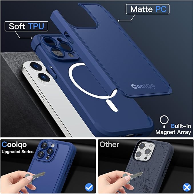COOLQO Magnetic for iPhone 14 Pro Max Case, Compatible with MagSafe, Dual Layer Design Military Grade Protection, Translucent Matte Scratch-Resistant Back Protective Shockproof Phone Case, Blue