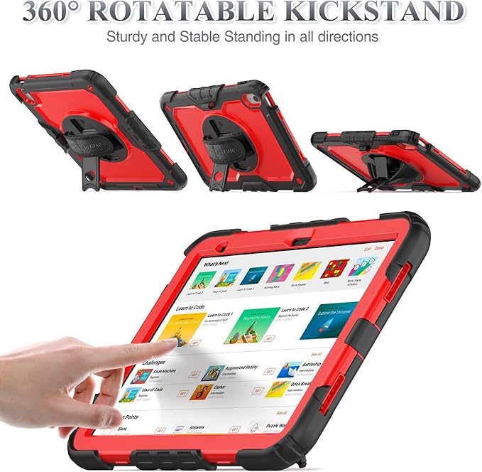 SEYMAC stock Case for iPad (A16) 11th/10th Generation 11''/10.9'' 2025/2022, Full-Body Drop Protection Case with Screen Protector &360° Rotate Hand Strap/Stand, Red+SiliconeBlack