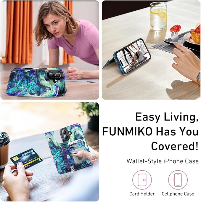 FUNMIKO for iPhone 16 Wallet Case with Card Holder, RFID-Blocking, Military-Grade Protection & UV-Printed Artwork, Magnetic Closure with Leather Kickstand - Prismatic Aurora Bear