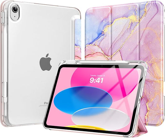 MoKo for iPad (A16) 11th Generation Case 11 Inch 2025, iPad 10th Gen Case 10.9 Inch 2022 with Pencil Holder, Slim Light Trifold Protective Cover with Hard PC Transparent Back Shell, Light Pink Marble