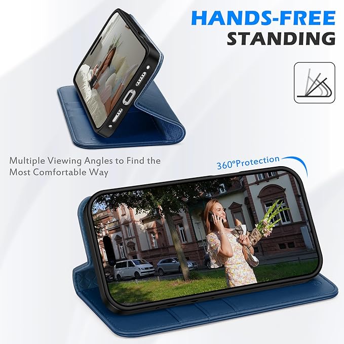 SHIELDON Genuine Leather Wallet Case for iPhone 17 5G 6.3-inch 2025 | RFID Blocking Credit Card Holder | Foldable | Magnetic | Kickstand | Shockproof Cover for Men Women | Royal Blue