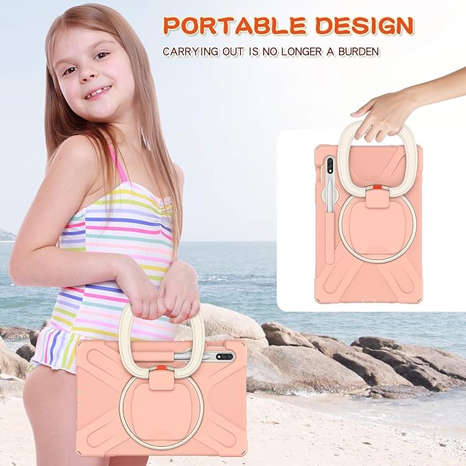 360 Rotation Portable Case for Galaxy Tab S8 11/'' / S7 11 inch with S Pen Holder Rugged Rotating Stand Hand Strap Shoulder Carrying Outdoor Cover (Pink)